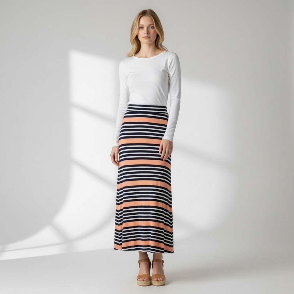 Merona Striped Blue Peach White Maxi Skirt